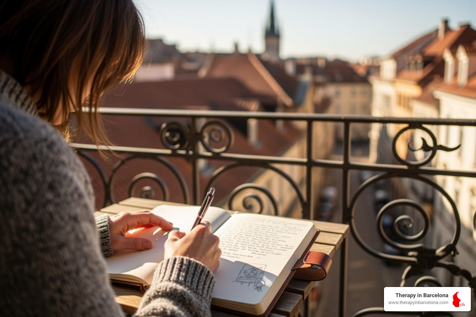 Person journaling with a view of a European city - International dating advice Person journaling with a view of a European city - International dating advice