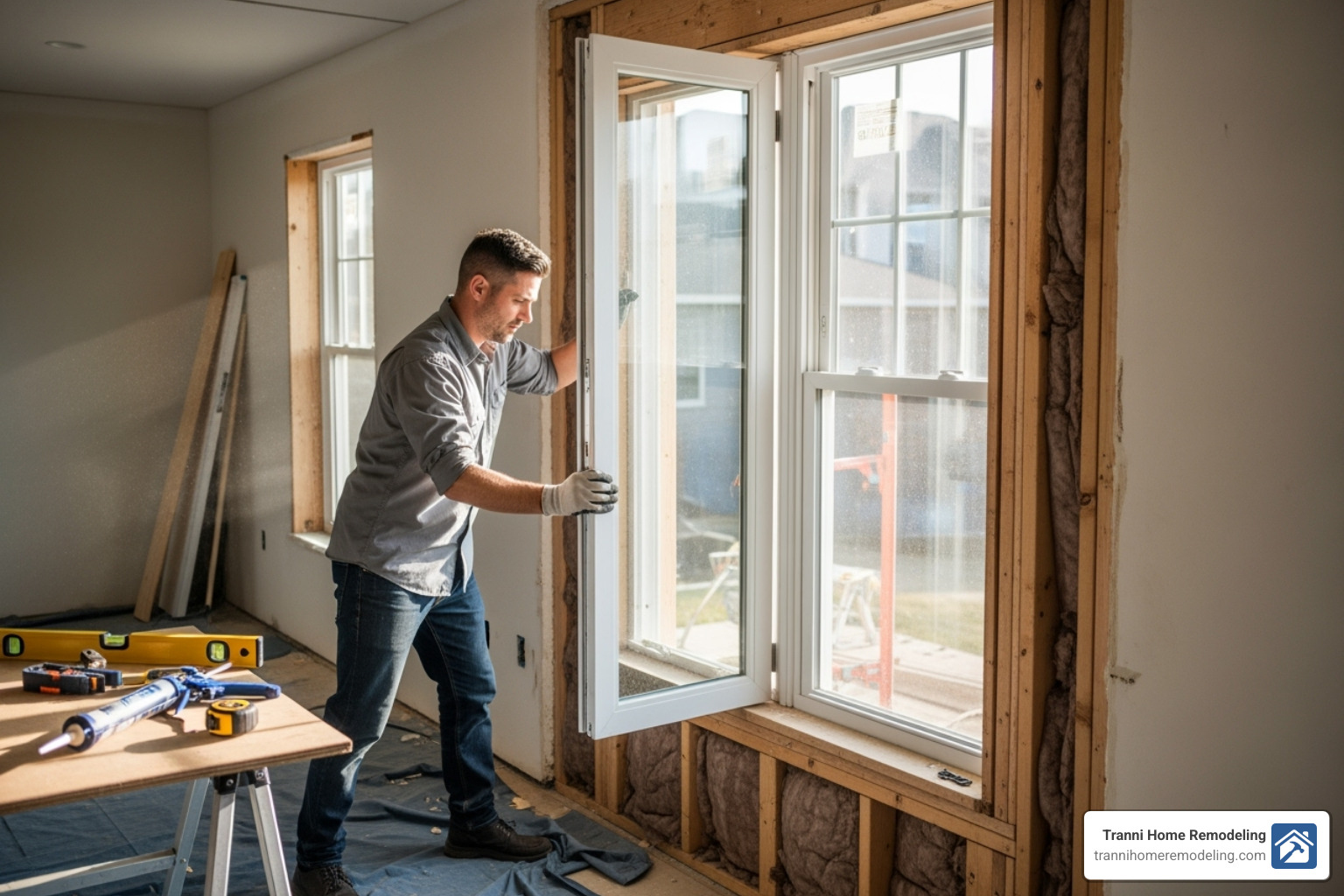 A professional installer carefully placing a new window into a frame - best window installers near me