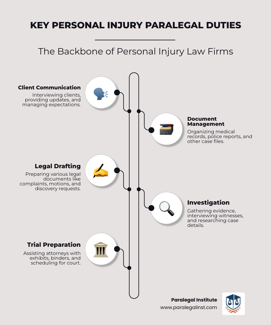 Infographic summarizing key personal injury paralegal duties including client communication, document management, legal drafting, investigation, and trial preparation, presented as a flow chart or bullet points with icons. - personal injury paralegal duties infographic infographic-line-5-steps-neat_beige Infographic summarizing key personal injury paralegal duties including client communication, document management, legal drafting, investigation, and trial preparation, presented as a flow chart or bullet points with icons. - personal injury paralegal duties infographic infographic-line-5-steps-neat_beige