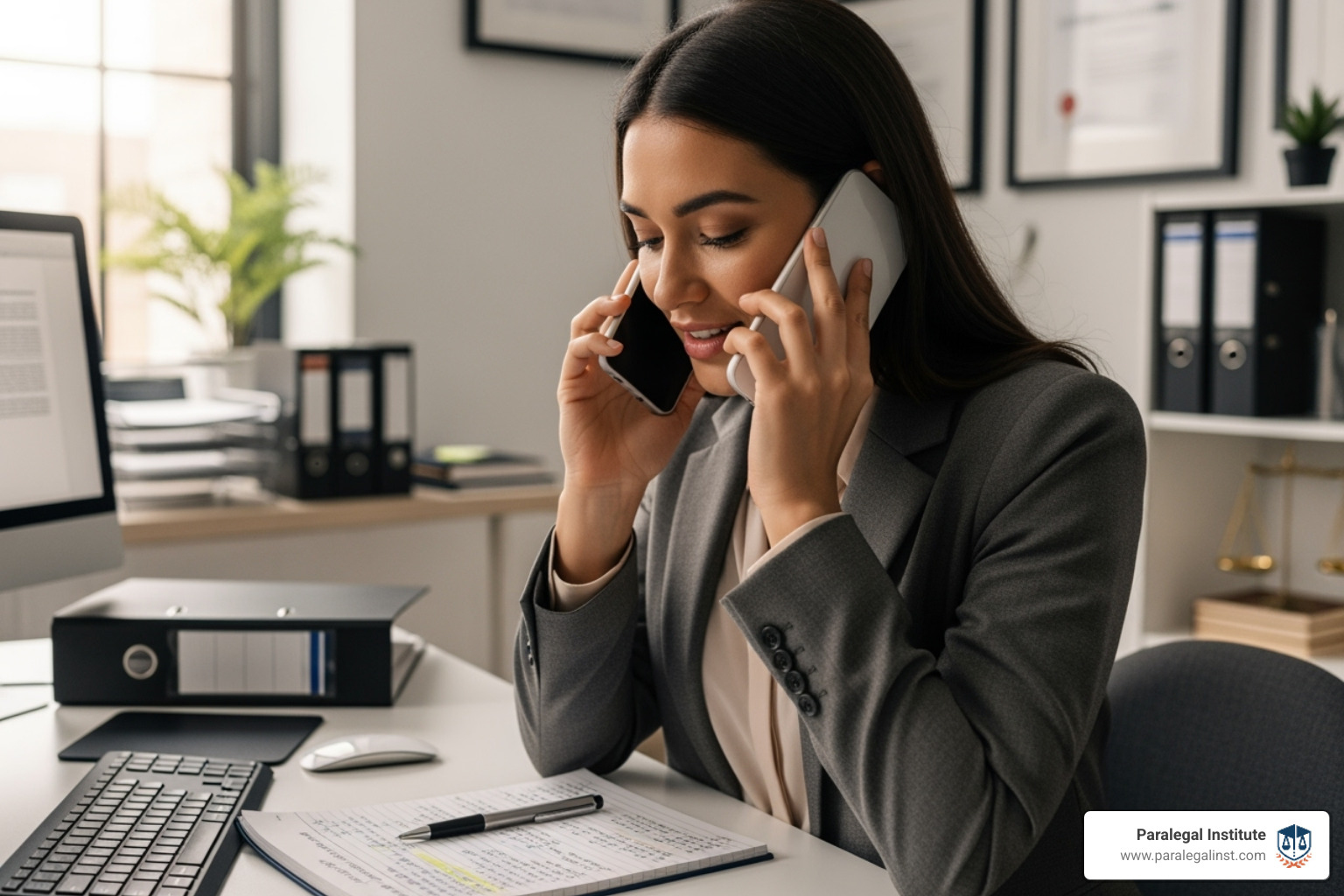 of a paralegal speaking compassionately with a client on the phone - personal injury paralegal duties of a paralegal speaking compassionately with a client on the phone - personal injury paralegal duties