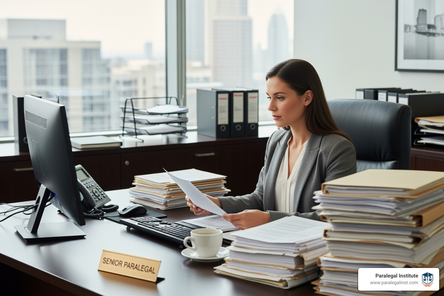 of neatly organized case files and a computer screen with case management software - personal injury paralegal duties of neatly organized case files and a computer screen with case management software - personal injury paralegal duties