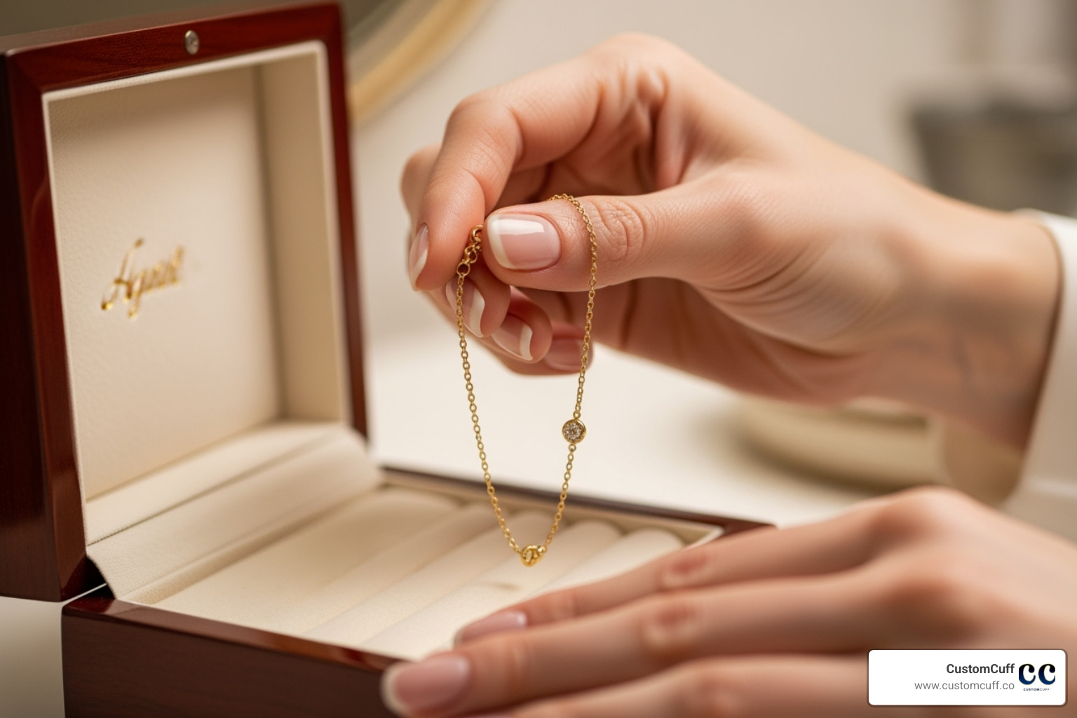 jewelry box with a bracelet being placed inside - engraved bracelet for grandma
