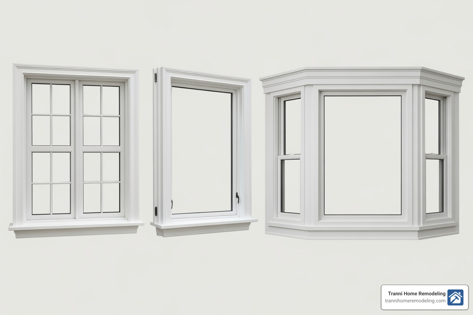 Various window styles including double-hung, casement, and bay windows labeled - best window installers near me