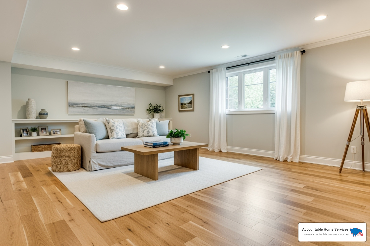 beautifully restored basement after water damage, showcasing new flooring and paint - sewage cleanup arvada