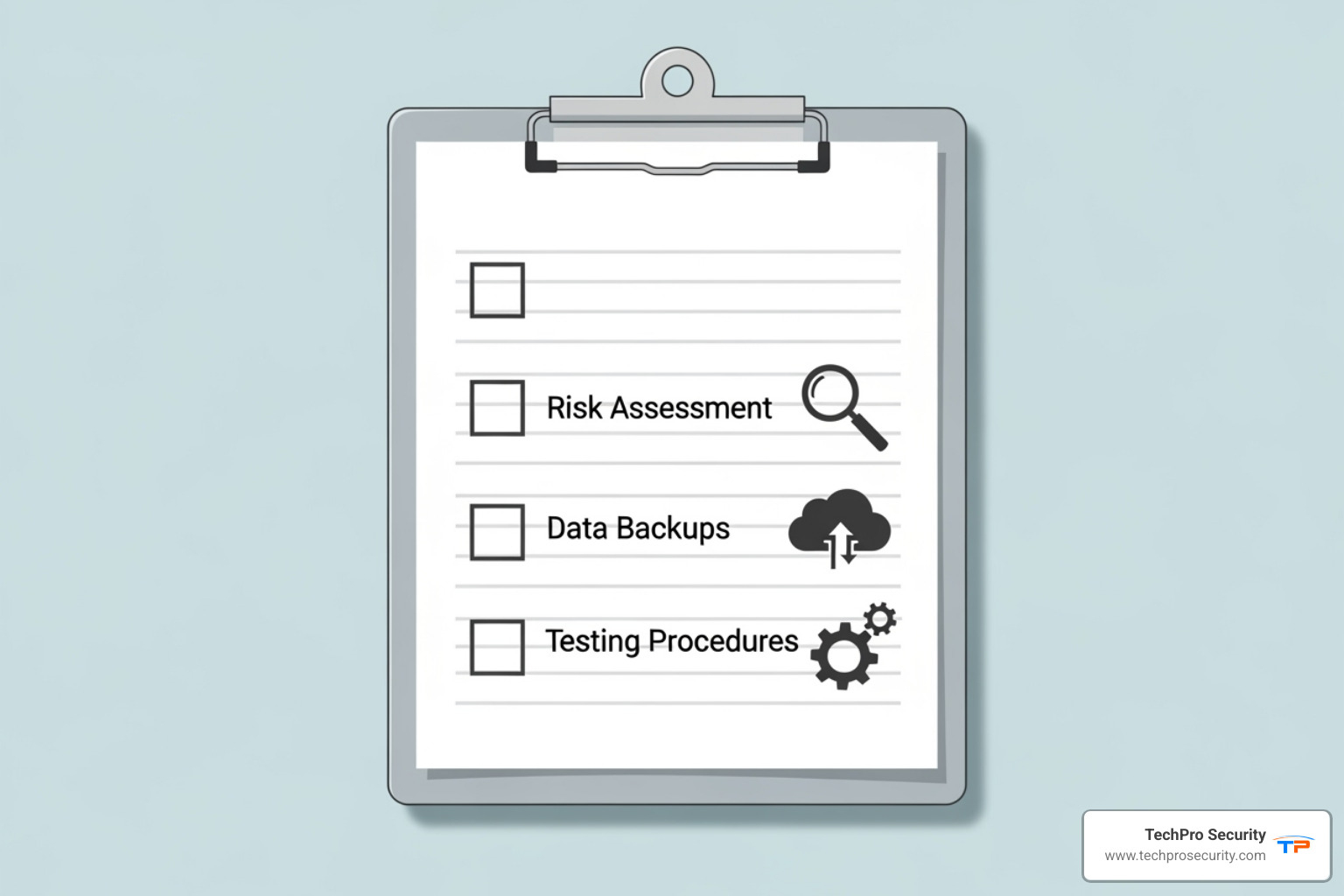Checklist with icons representing risk assessment, backups, and testing - disaster recovery best practices