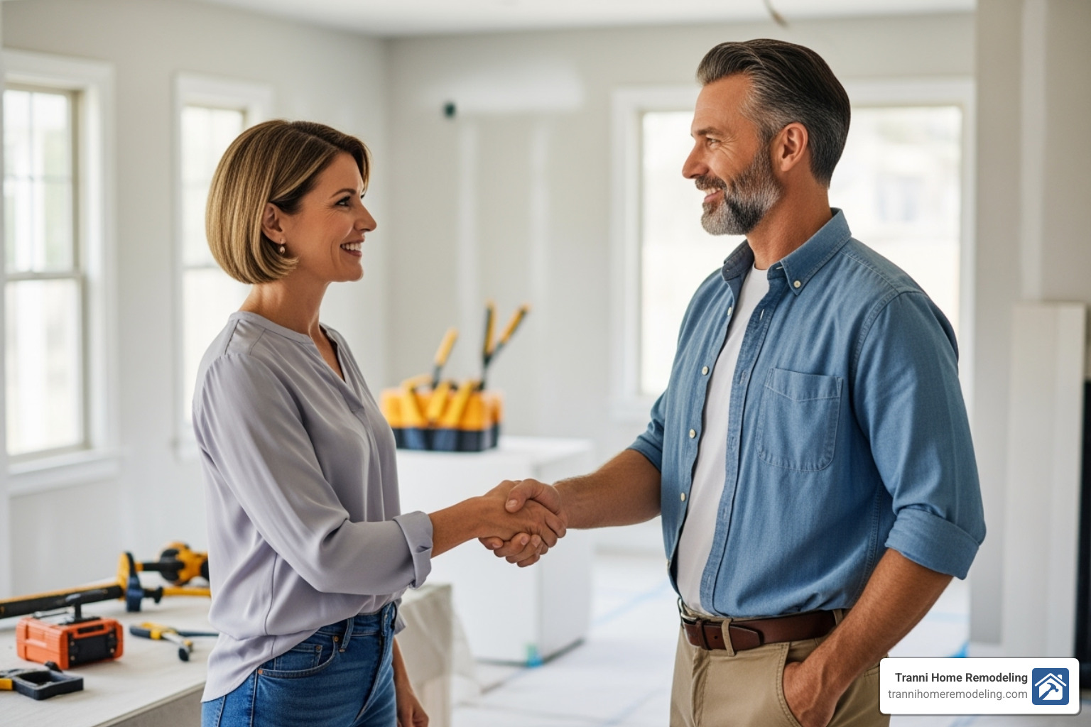 client shaking hands with contractor - renovation and design company