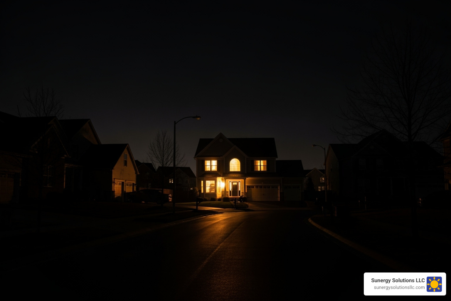 Suburban home with lights on during outage - solar power packages for homes Suburban home with lights on during outage - solar power packages for homes