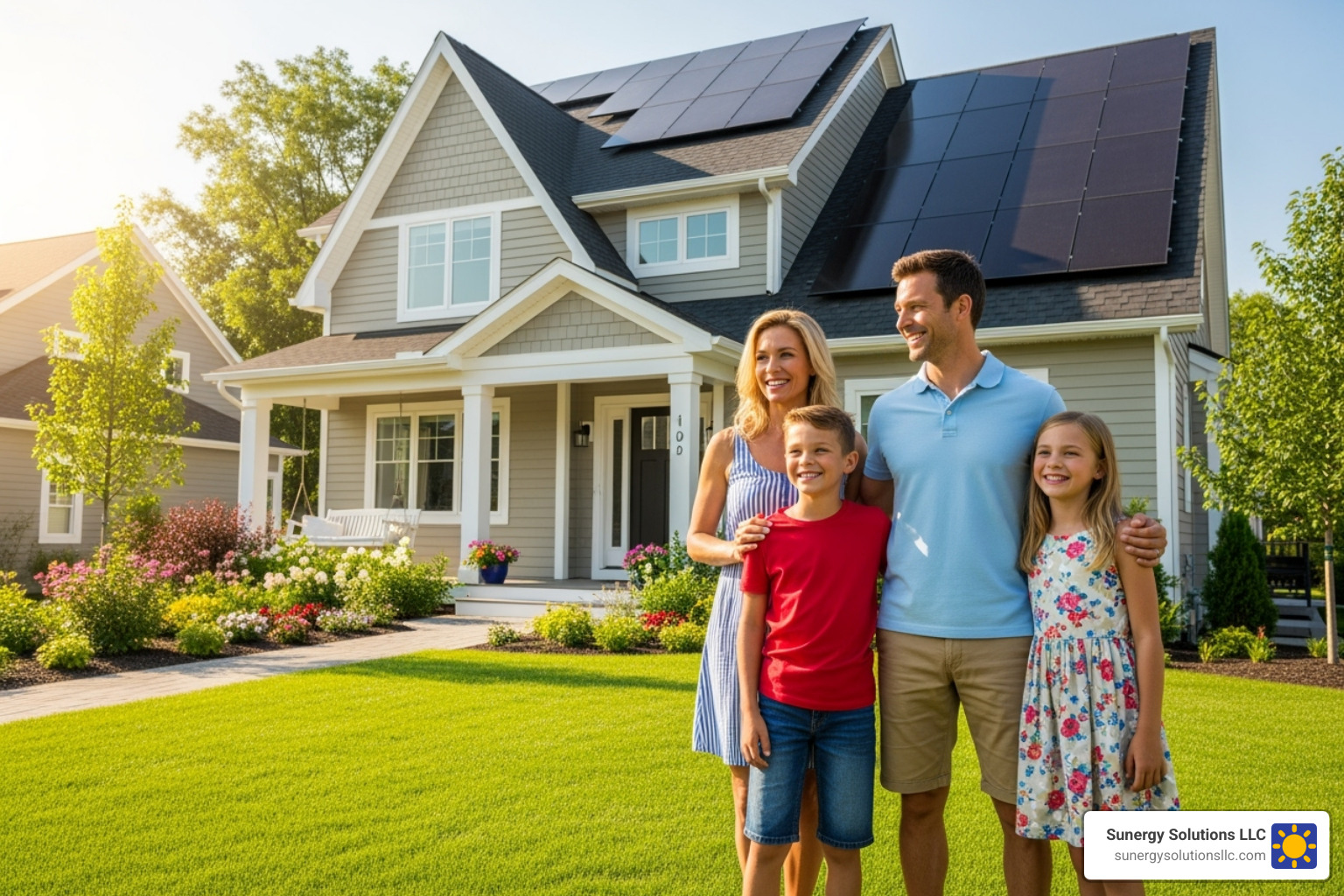 Happy family in front of home with solar panels - solar power packages for homes Happy family in front of home with solar panels - solar power packages for homes