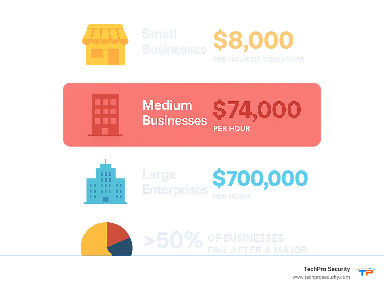 Infographic showing disaster recovery statistics: Small businesses lose $8,000 per hour of downtime, medium businesses lose $74,000 per hour, large enterprises lose $700,000 per hour, and over 50% of businesses fail after a major disaster without proper preparation - disaster recovery best practices infographic 
