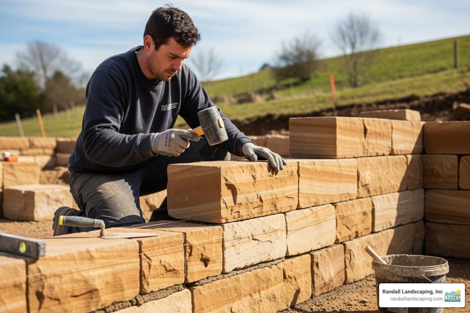 skilled mason placing sandstone block - sandstone retaining wall builders skilled mason placing sandstone block - sandstone retaining wall builders