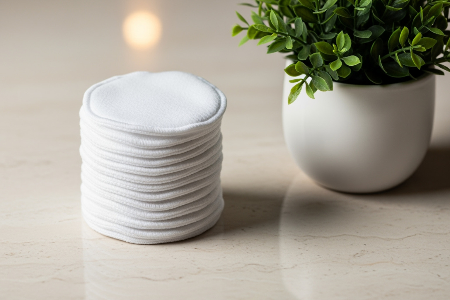 Neat stack of clean reusable pads next to a plant, symbolizing a clean and green routine - Reusable makeup removal pads Neat stack of clean reusable pads next to a plant, symbolizing a clean and green routine - Reusable makeup removal pads