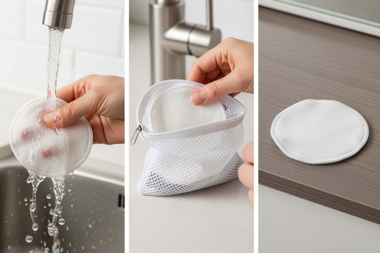 Cleaning process: rinsing a pad under a tap, placing it in a mesh bag, and laying it flat to dry - Reusable makeup removal pads Cleaning process: rinsing a pad under a tap, placing it in a mesh bag, and laying it flat to dry - Reusable makeup removal pads