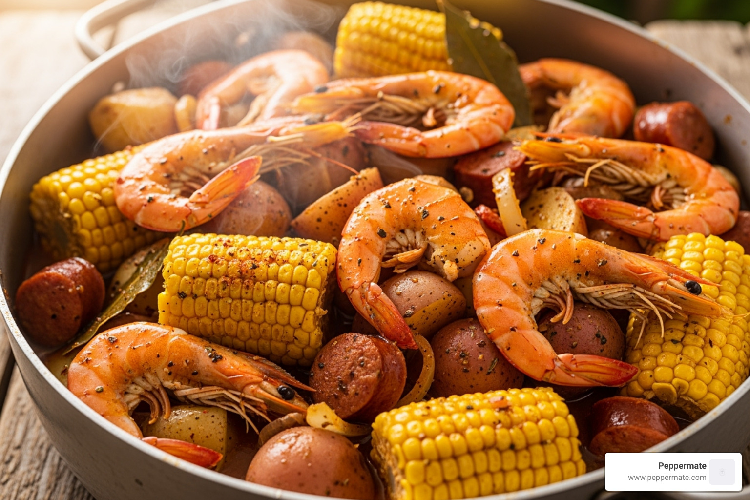 vibrant shrimp boil in a pot, ready to be served - gourmet village seafood seasoning
