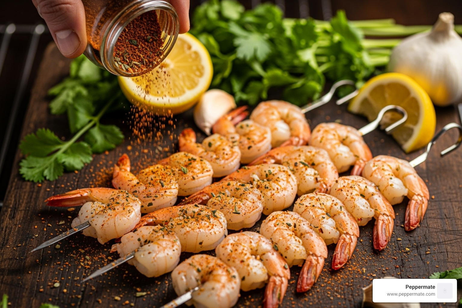 shrimp skewers being seasoned before grilling - gourmet village seafood seasoning