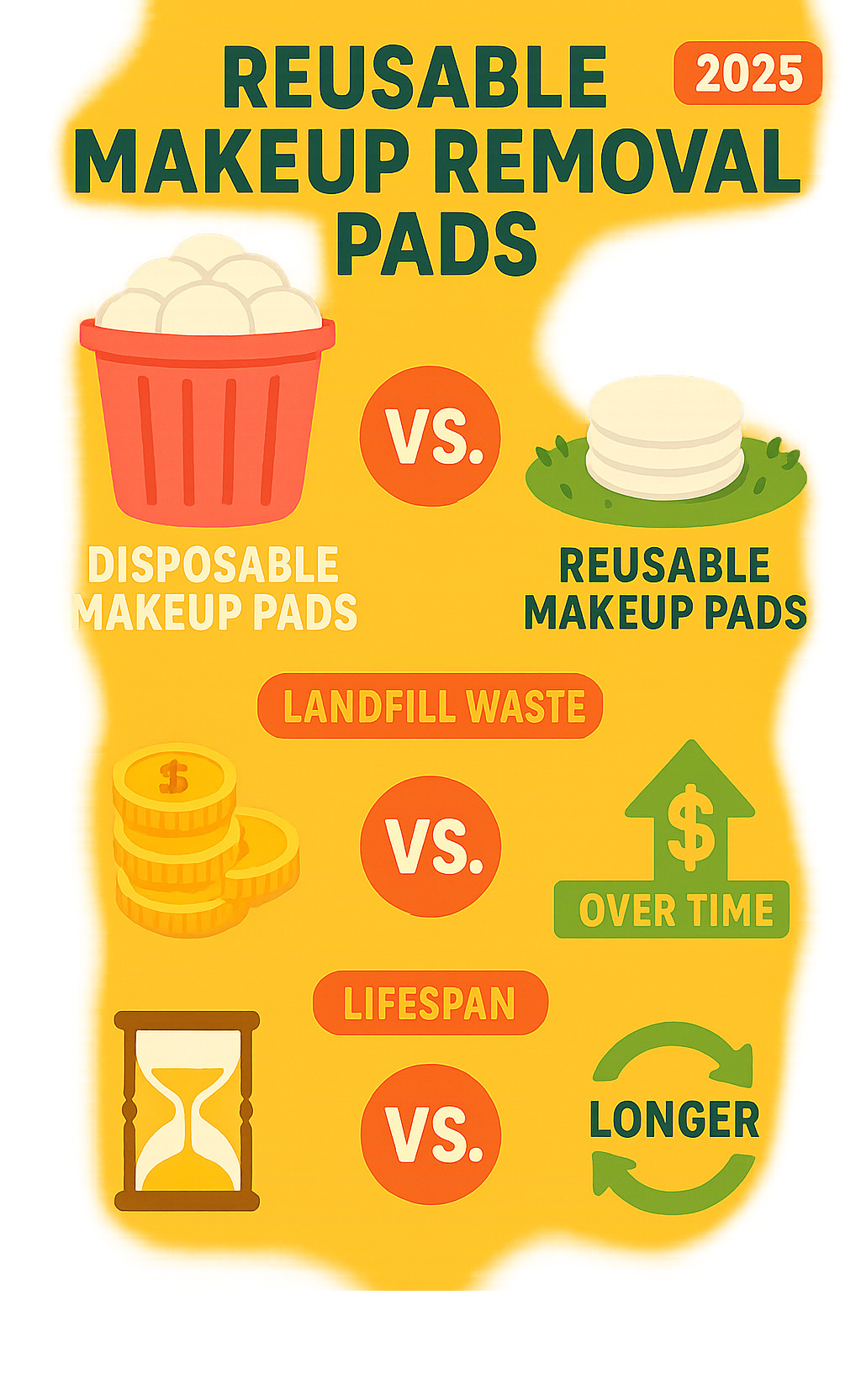 Infographic showing the environmental and economic impact of disposable makeup pads versus reusable makeup pads, illustrating landfill waste reduction, cost savings over time, and the longer lifespan of reusable options - Reusable makeup removal pads infographic Infographic showing the environmental and economic impact of disposable makeup pads versus reusable makeup pads, illustrating landfill waste reduction, cost savings over time, and the longer lifespan of reusable options - Reusable makeup removal pads infographic