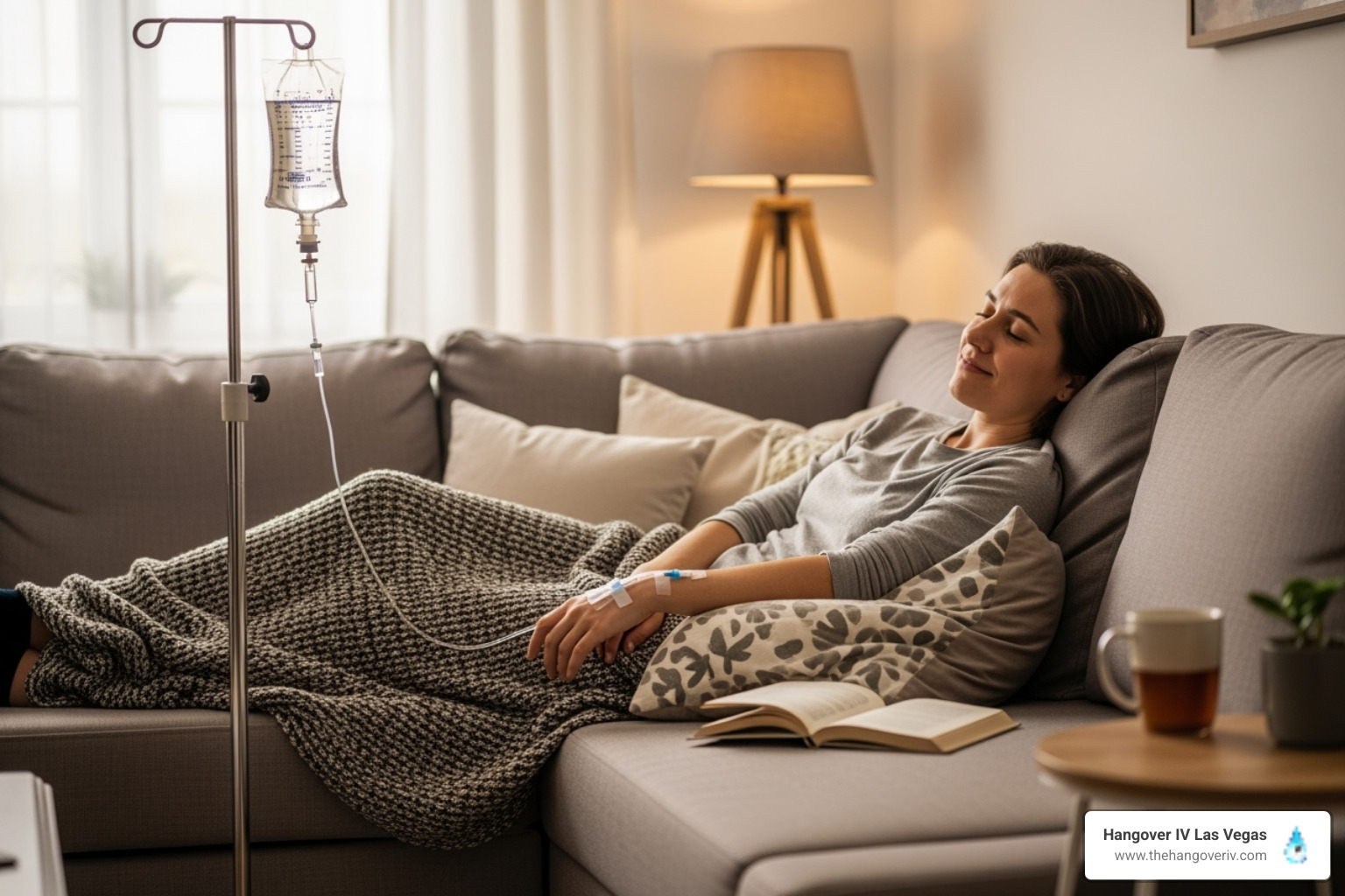 person looking relieved and comfortable at home after an IV session - IV drip for migraines