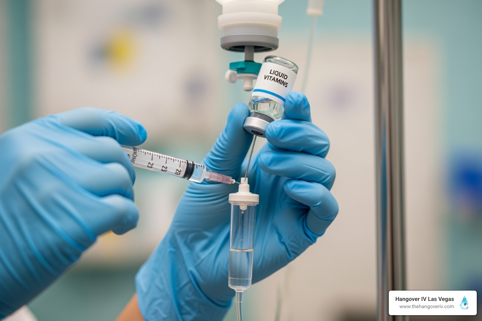 nurse preparing an IV bag with vitamins - IV drip for migraines