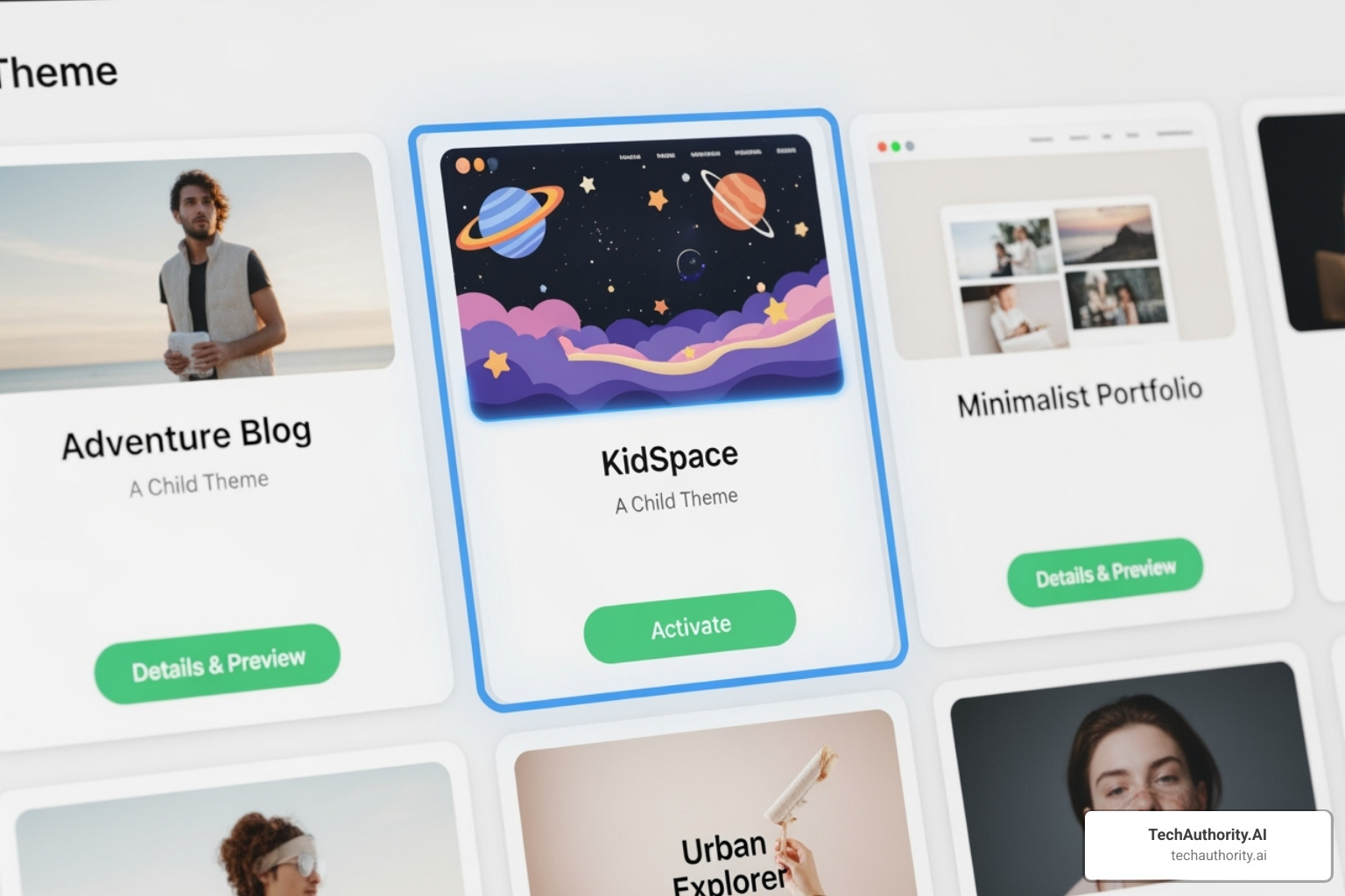 Theme selection screen in WordPress showing the newly created child theme ready for activation