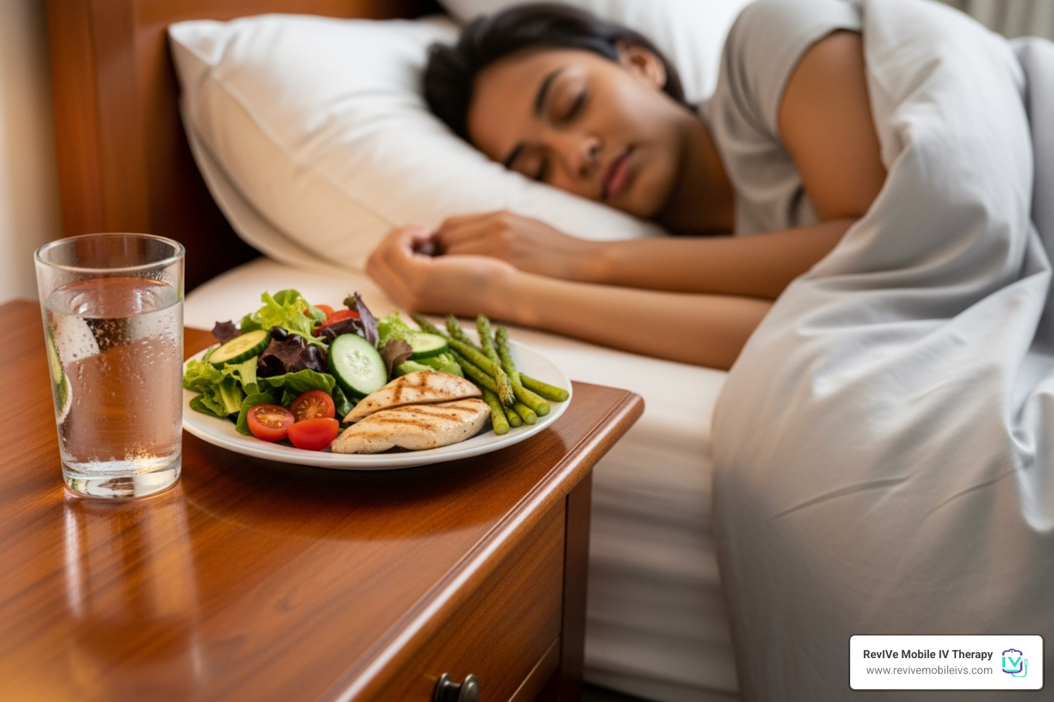 Image of a glass of water, a healthy meal, and someone sleeping peacefully. - hangover cure near me