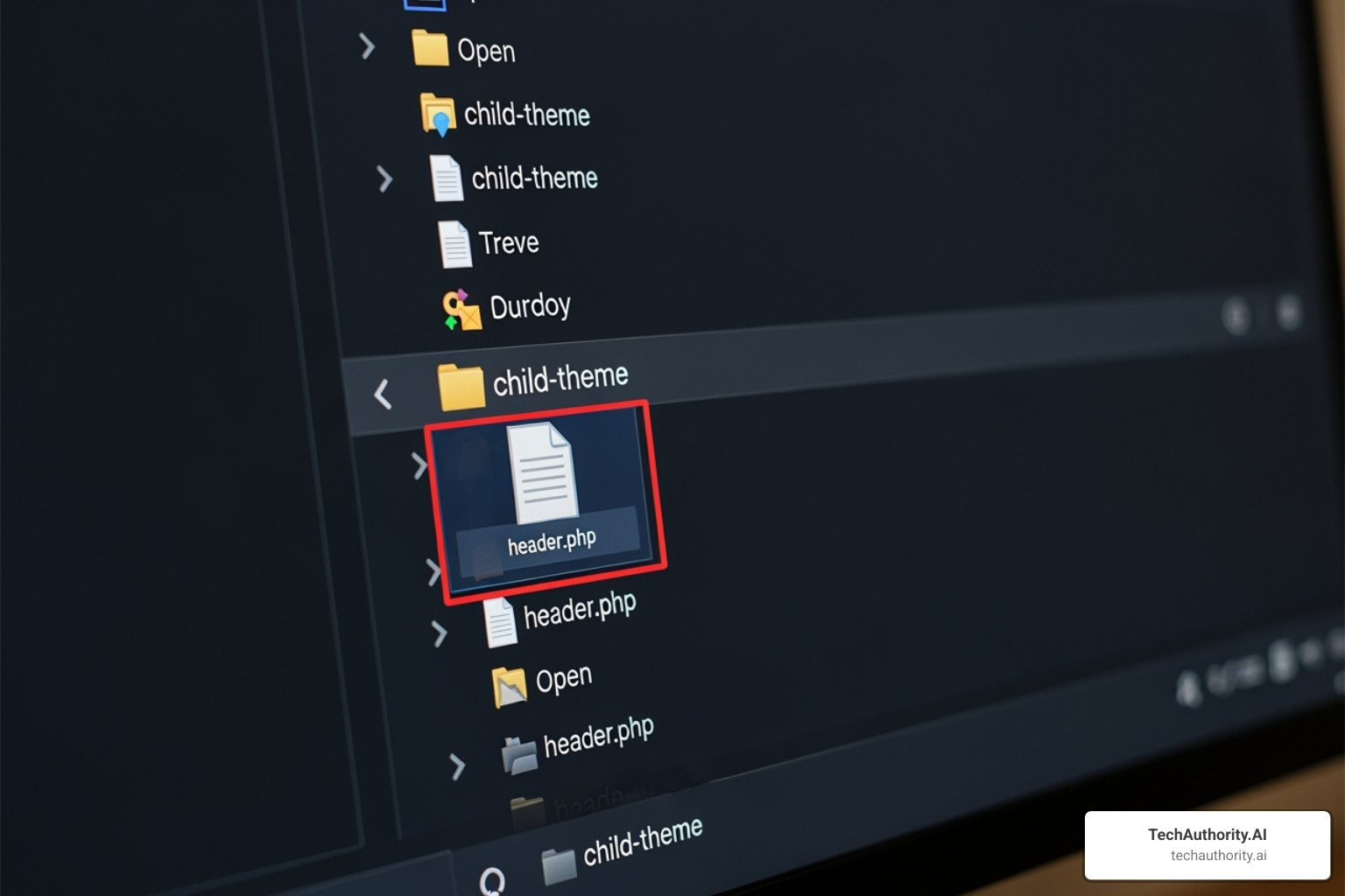 File tree showing a child theme folder that now contains a copied header.php file ready for editing