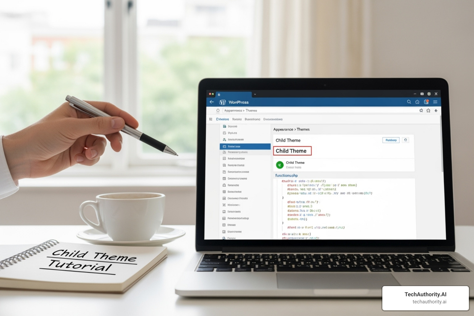 Close-up of a style.css header in a code editor, showing the required theme information for a child theme