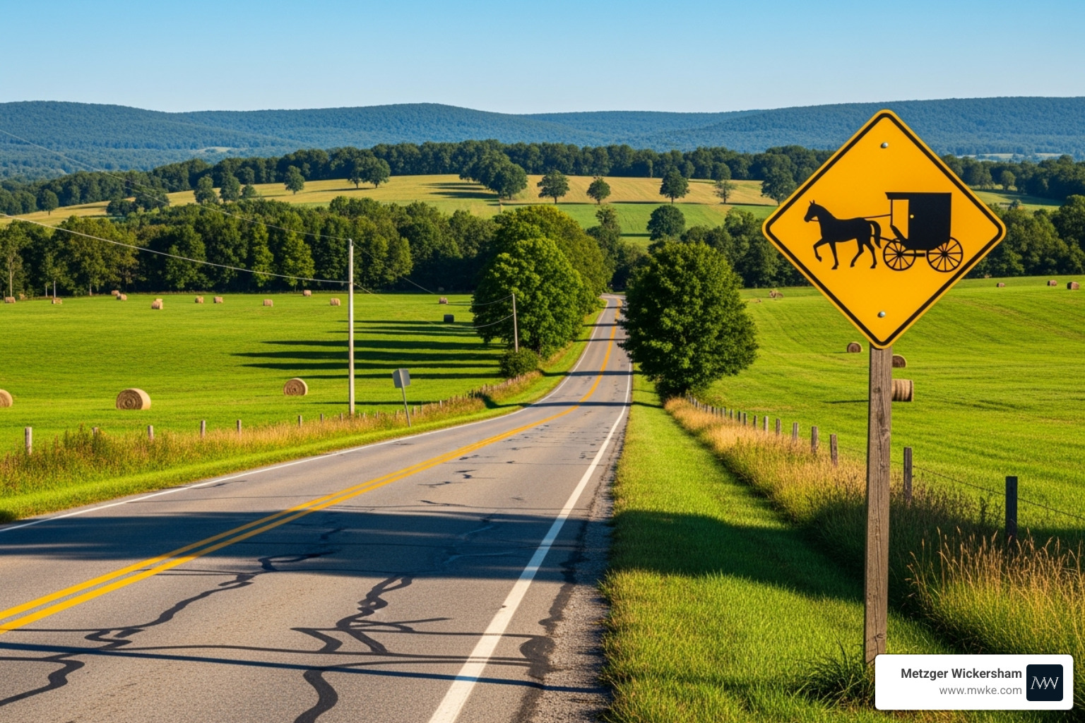 a rural Lancaster road with a horse and buggy sign - automobile accident lawyers lancaster pa