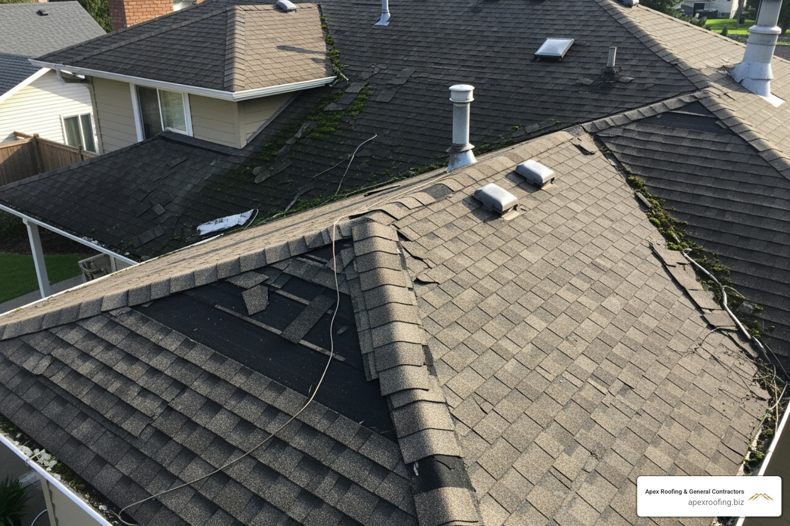 A poorly installed roof with curling shingles and visible damage - affordable roofers near me
