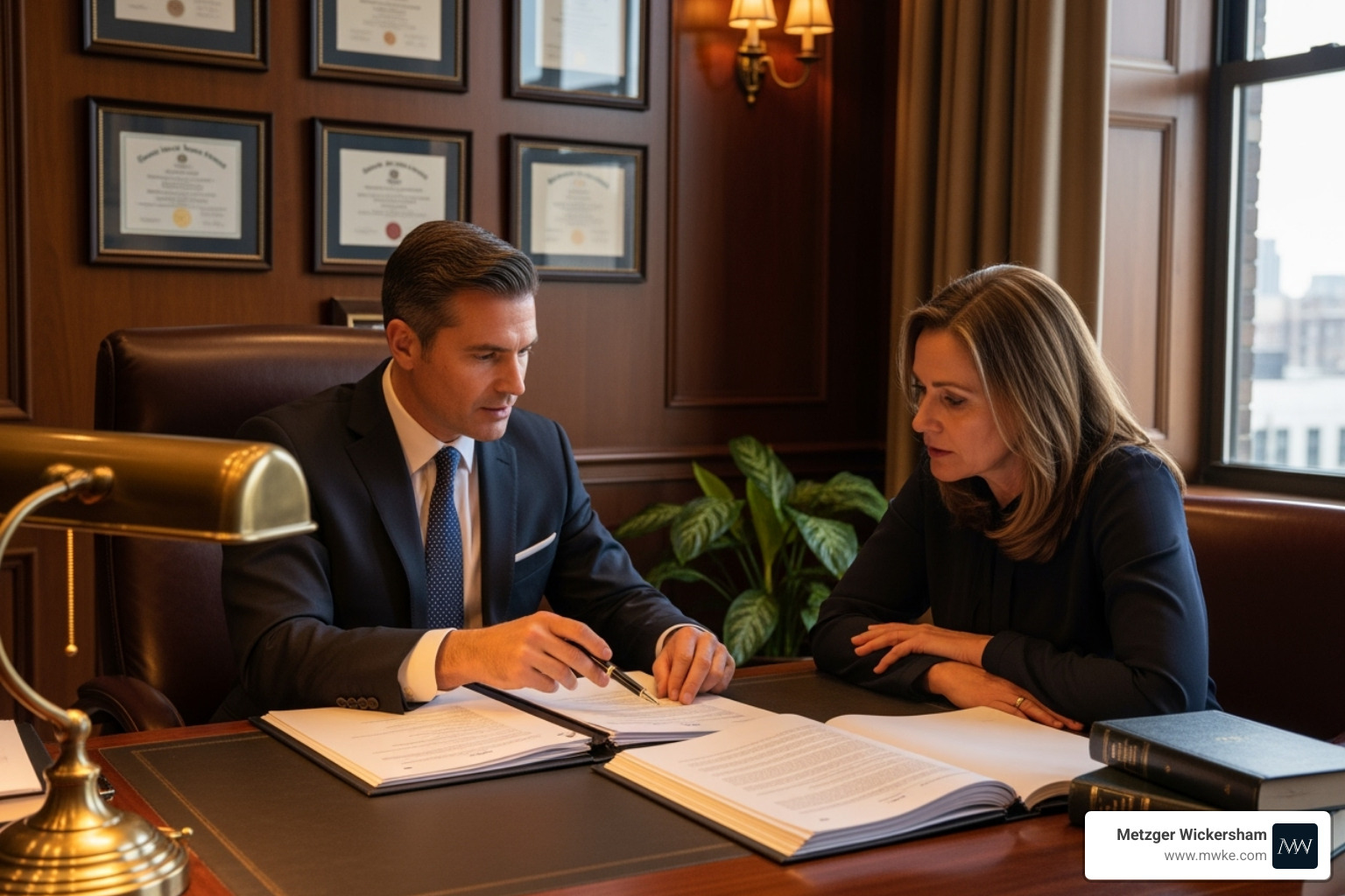 a lawyer reviewing documents with a client - automobile accident lawyers lancaster pa