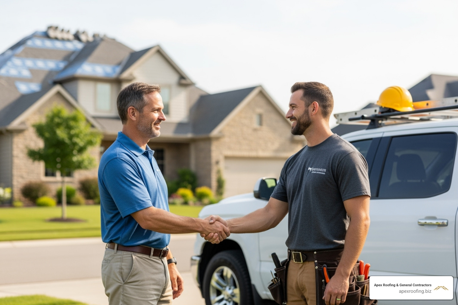 Homeowner shaking hands with a professional, licensed roofer - affordable roofers near me