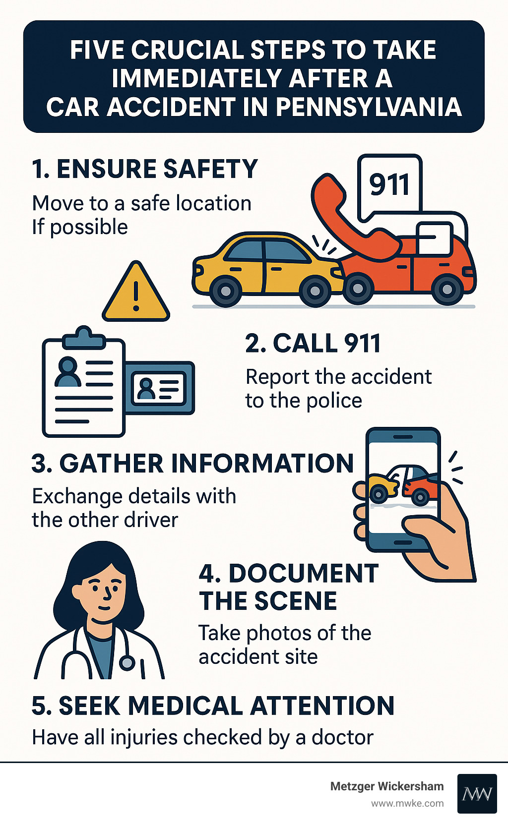 Infographic: Five crucial steps to take immediately after a car accident in Pennsylvania, including ensuring safety, calling 911, gathering information, documenting the scene with photos, and seeking medical attention for all injuries. - automobile accident lawyers lancaster pa infographic 