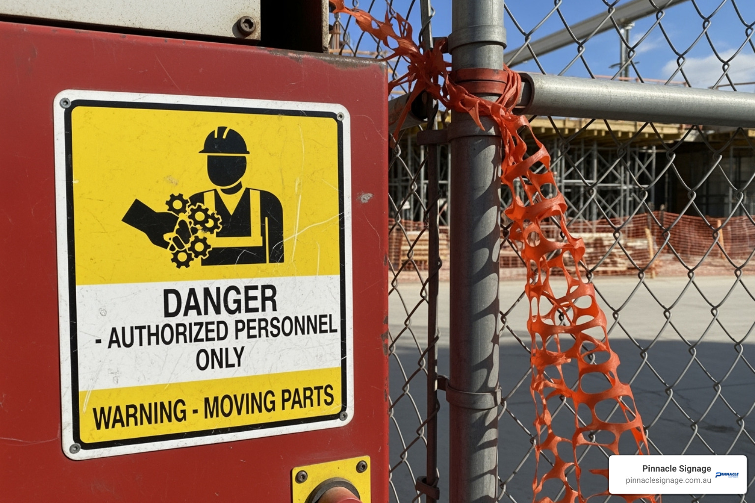 aluminium sign on an outdoor construction fence and a vinyl sticker on an indoor machine - buy safety signs
