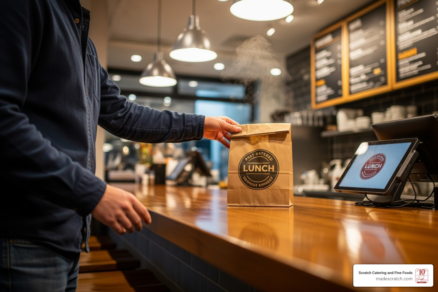 A person picking up a pre-ordered lunch from a restaurant counter - lunch delivery near me A person picking up a pre-ordered lunch from a restaurant counter - lunch delivery near me