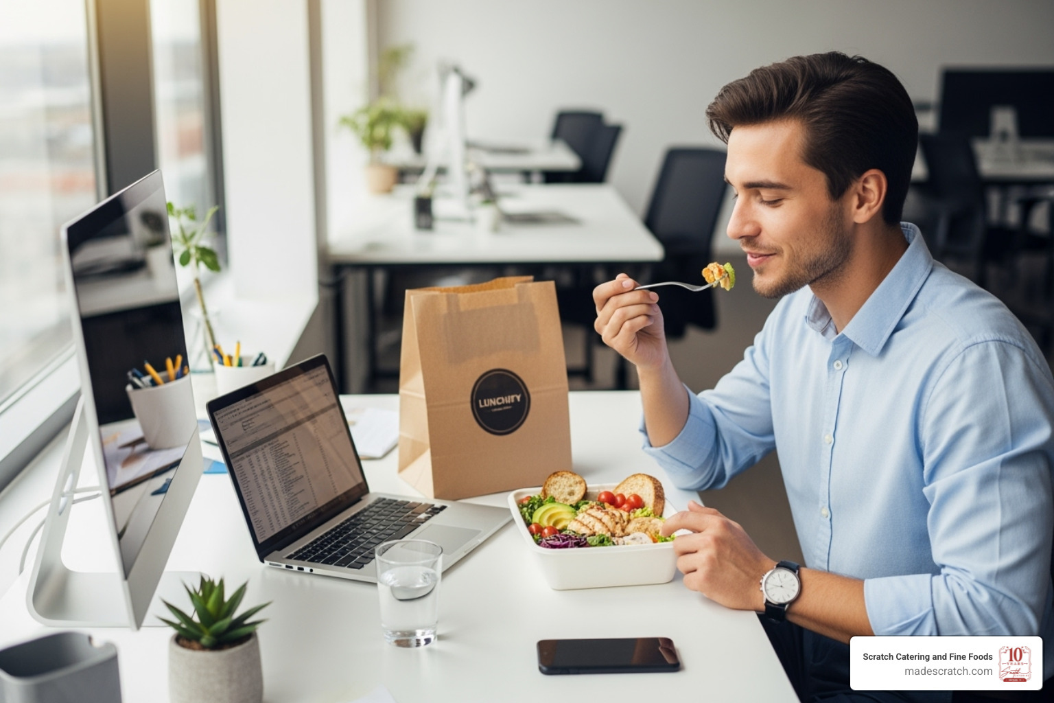 A person happily eating a delivered lunch at their desk - lunch delivery near me A person happily eating a delivered lunch at their desk - lunch delivery near me