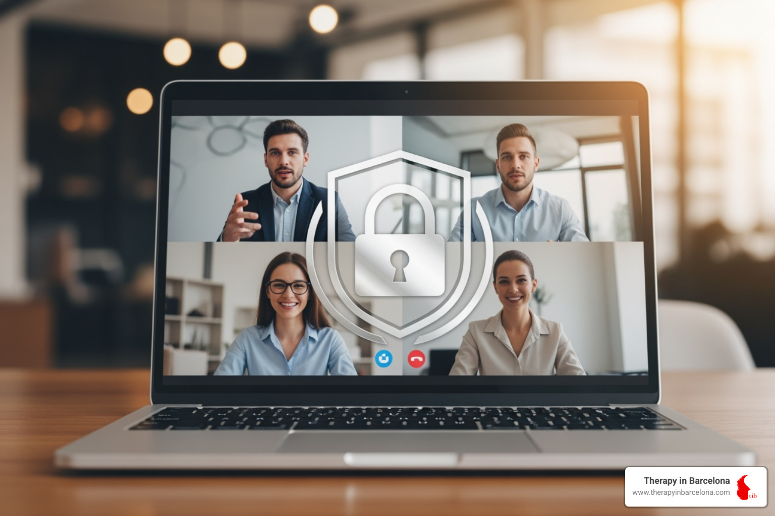 A lock icon superimposed on a laptop screen showing a video call - Secure online therapy