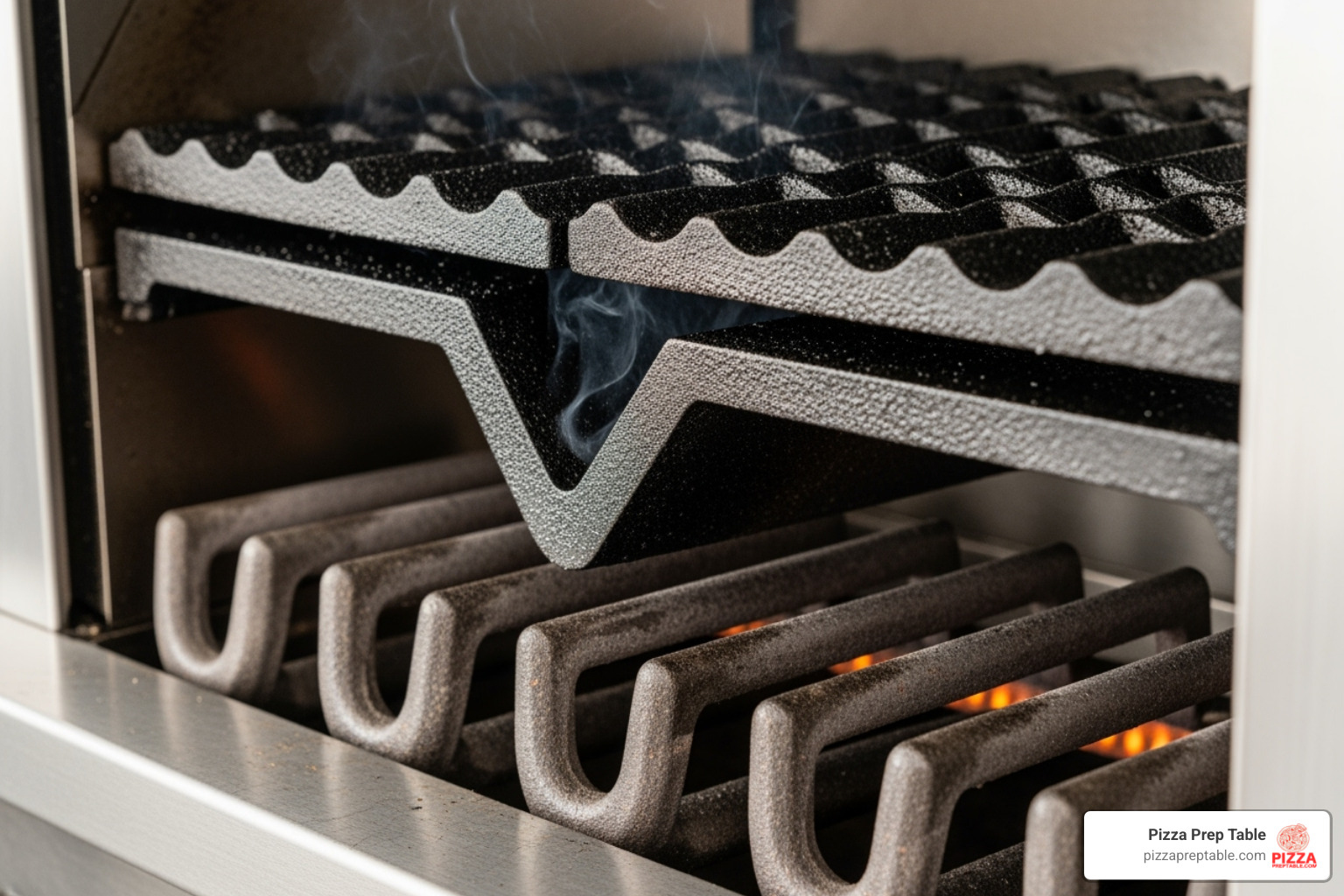 char-broiler internal components labeled (burners, radiants, grates) - char-broiler