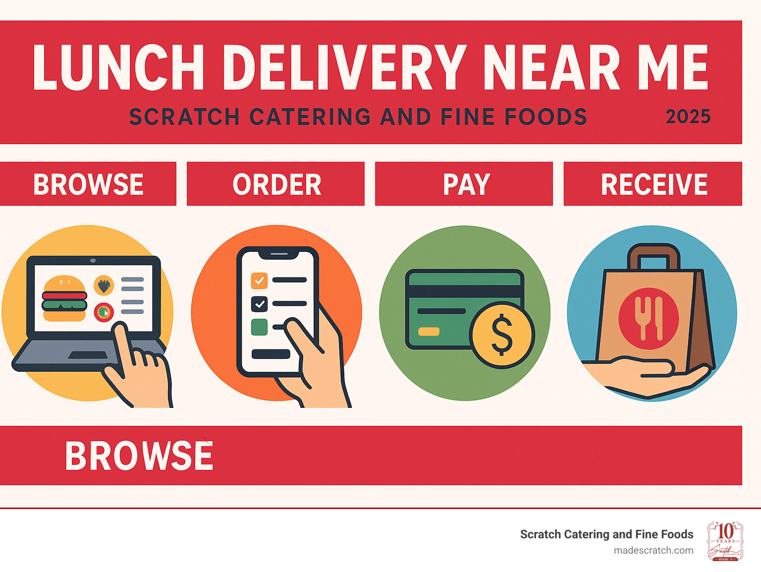 Infographic explaining the 4 simple steps of ordering lunch delivery from Scratch Catering and Fine Foods: Browse, Order, Pay, and Receive. - lunch delivery near me infographic Infographic explaining the 4 simple steps of ordering lunch delivery from Scratch Catering and Fine Foods: Browse, Order, Pay, and Receive. - lunch delivery near me infographic