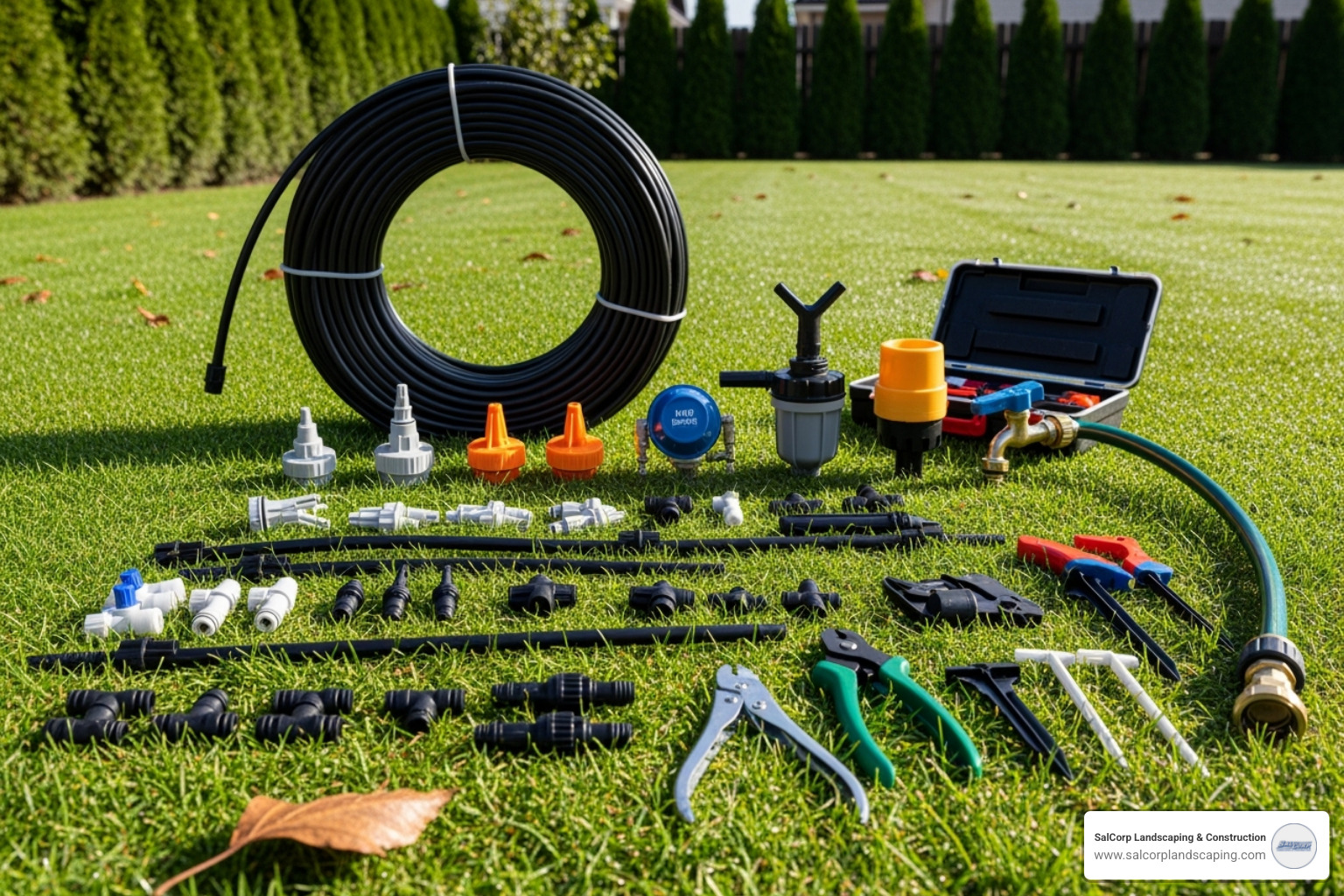 Tools and components laid out on a lawn before installation - installing sprinkler system in flower bed