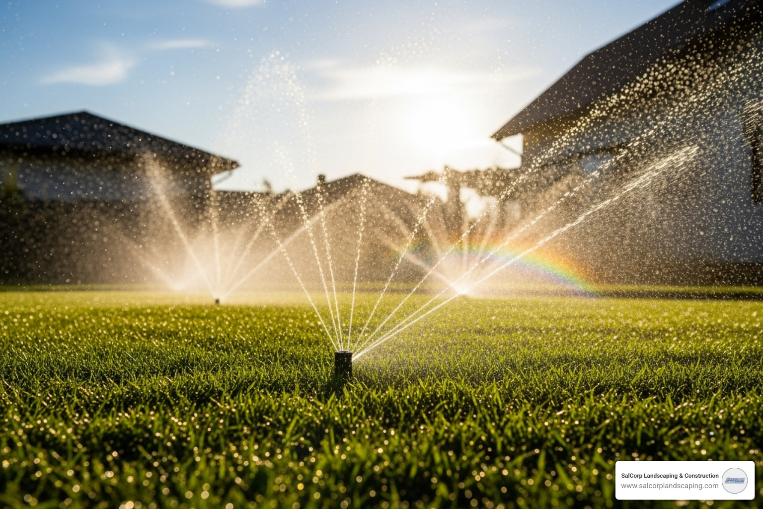 A sprinkler system efficiently watering a newly sodded lawn, highlighting the importance of proper hydration for long-term health. - cost to install 1000 sq ft of sod