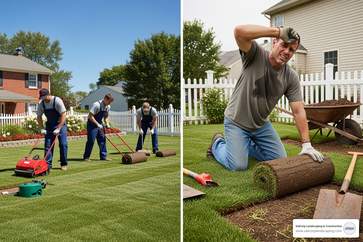 A side-by-side comparison of a professional landscaping team efficiently laying sod versus a homeowner struggling with a DIY sod project. - cost to install 1000 sq ft of sod
