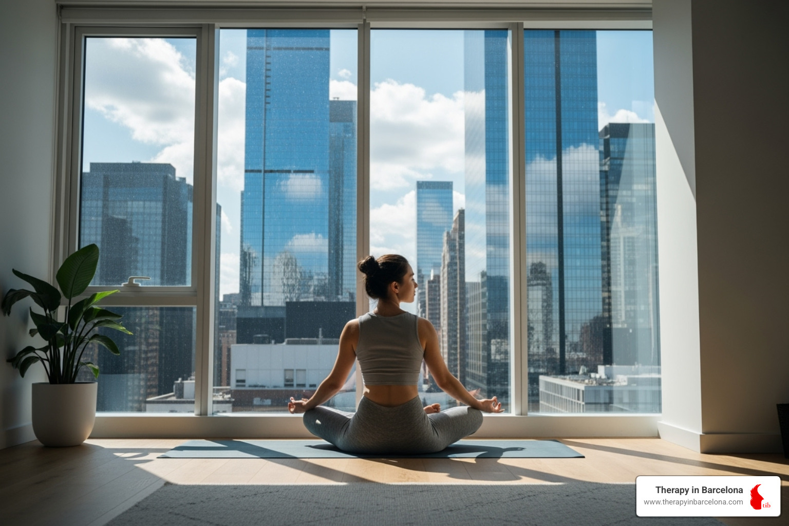 someone practicing mindfulness or yoga by a window with a city view - therapy for work stress someone practicing mindfulness or yoga by a window with a city view - therapy for work stress