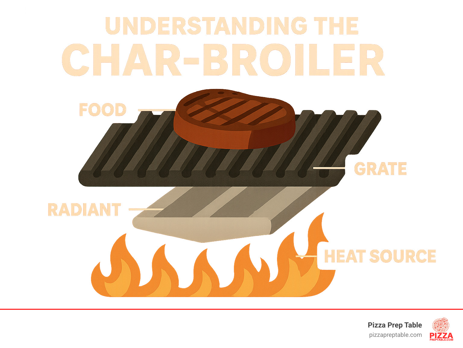 Infographic explaining char-broiler function: heat source, radiant, grate, and food placement - char-broiler infographic 