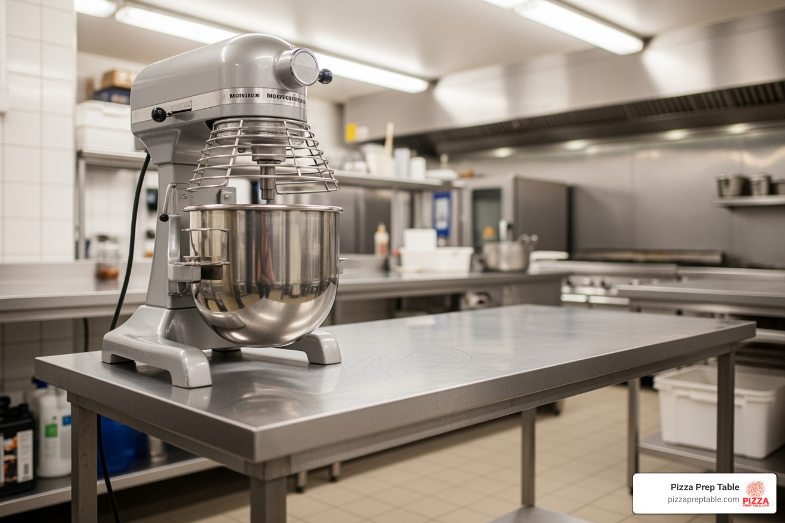 A simple stainless steel work table holding a large commercial mixer. - prep tables