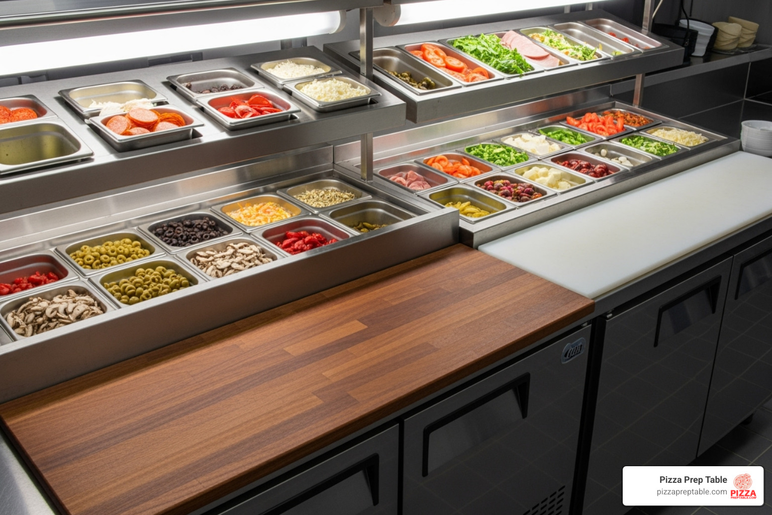 A pizza prep table next to a sandwich prep table highlighting their different features. - prep tables