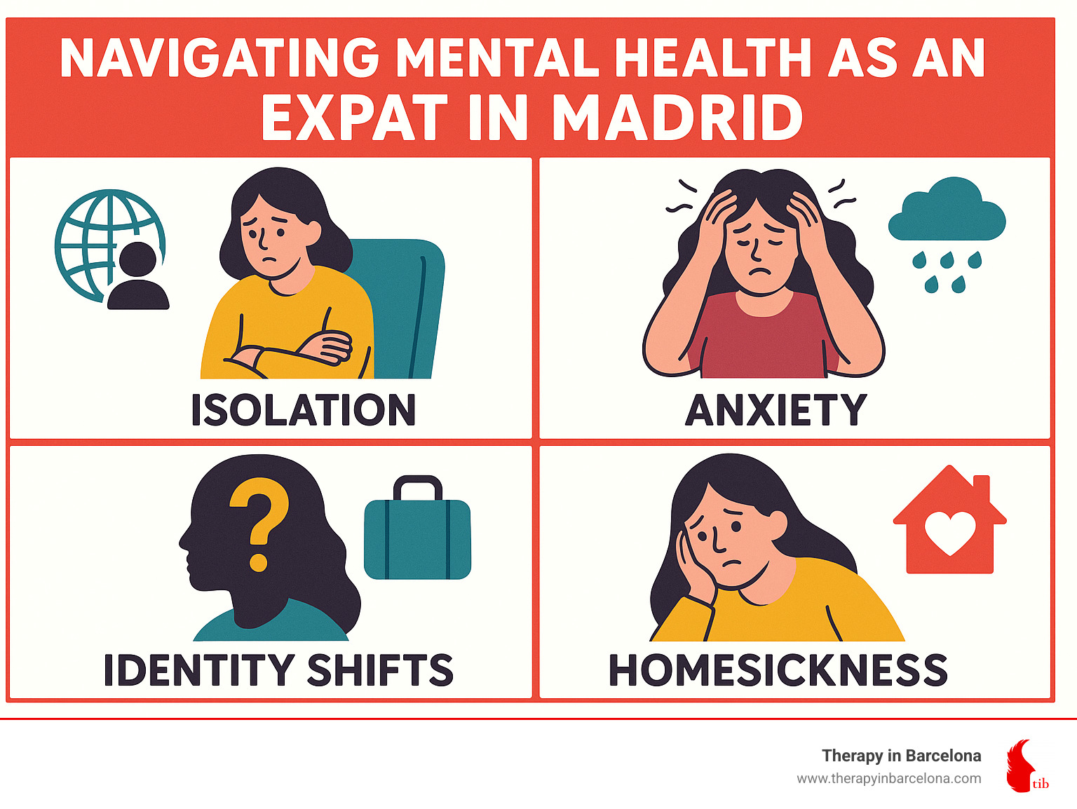 Infographic illustrating common expat mental health challenges: isolation, anxiety, identity shifts, and homesickness - psychologist madrid english infographic Infographic illustrating common expat mental health challenges: isolation, anxiety, identity shifts, and homesickness - psychologist madrid english infographic