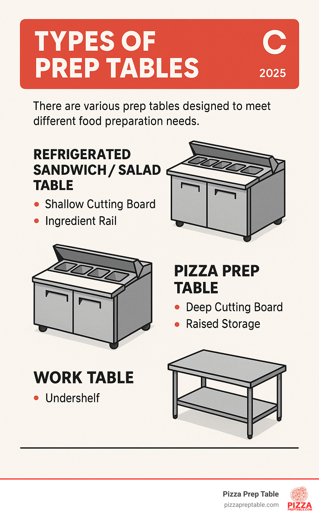 Infographic showing the three main types of prep tables: refrigerated sandwich/salad tables with shallow cutting boards and ingredient rails, pizza prep tables with deep cutting boards and raised storage, and general work tables with undershelves for equipment storage - prep tables infographic 