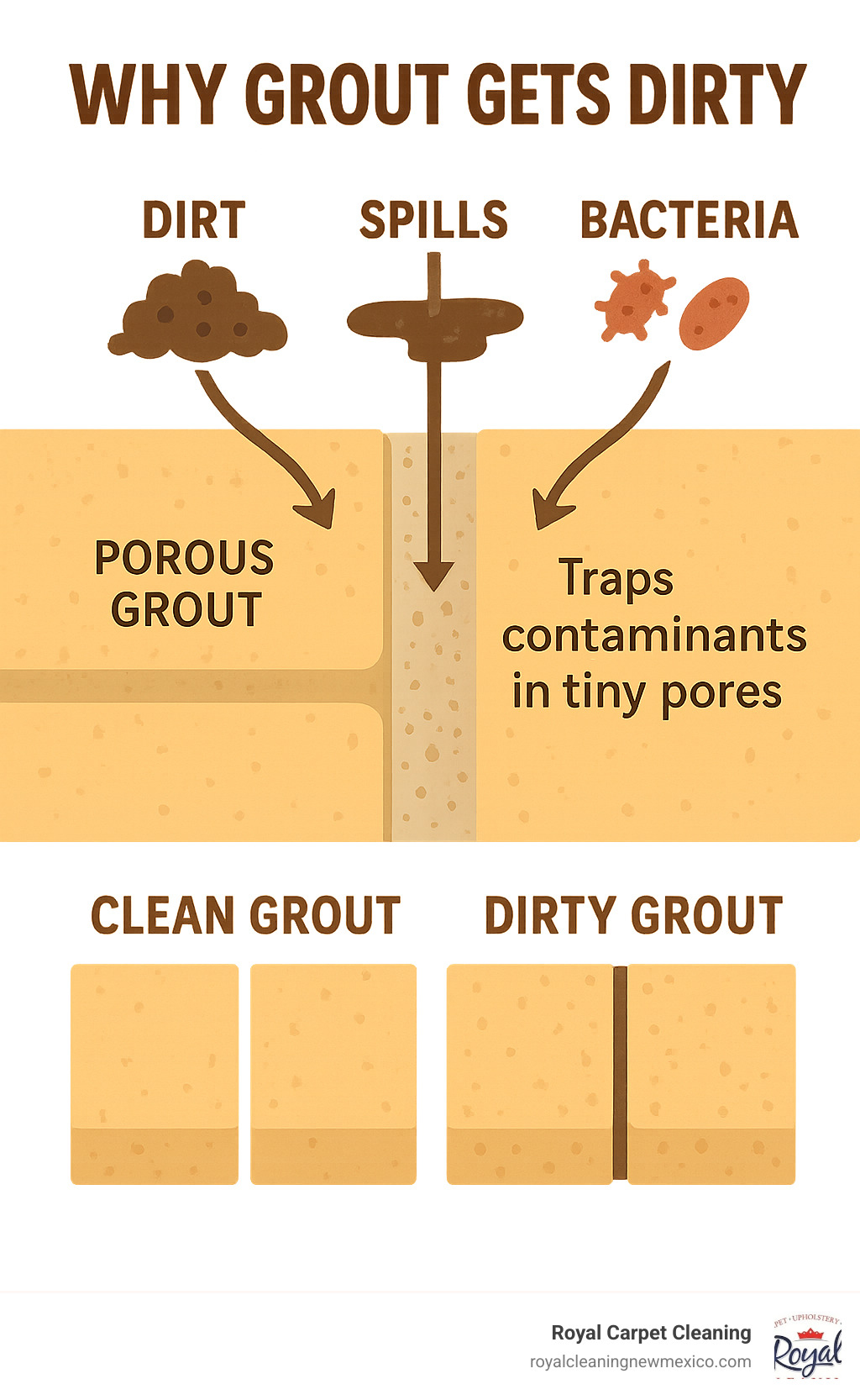 Infographic showing cross-section of tile and grout with dirt, spills, and bacteria penetrating the porous grout material, arrows indicating how contaminants get trapped in the pores, and comparison of clean vs. dirty grout appearance - easy way to clean grout in floor tiles infographic 