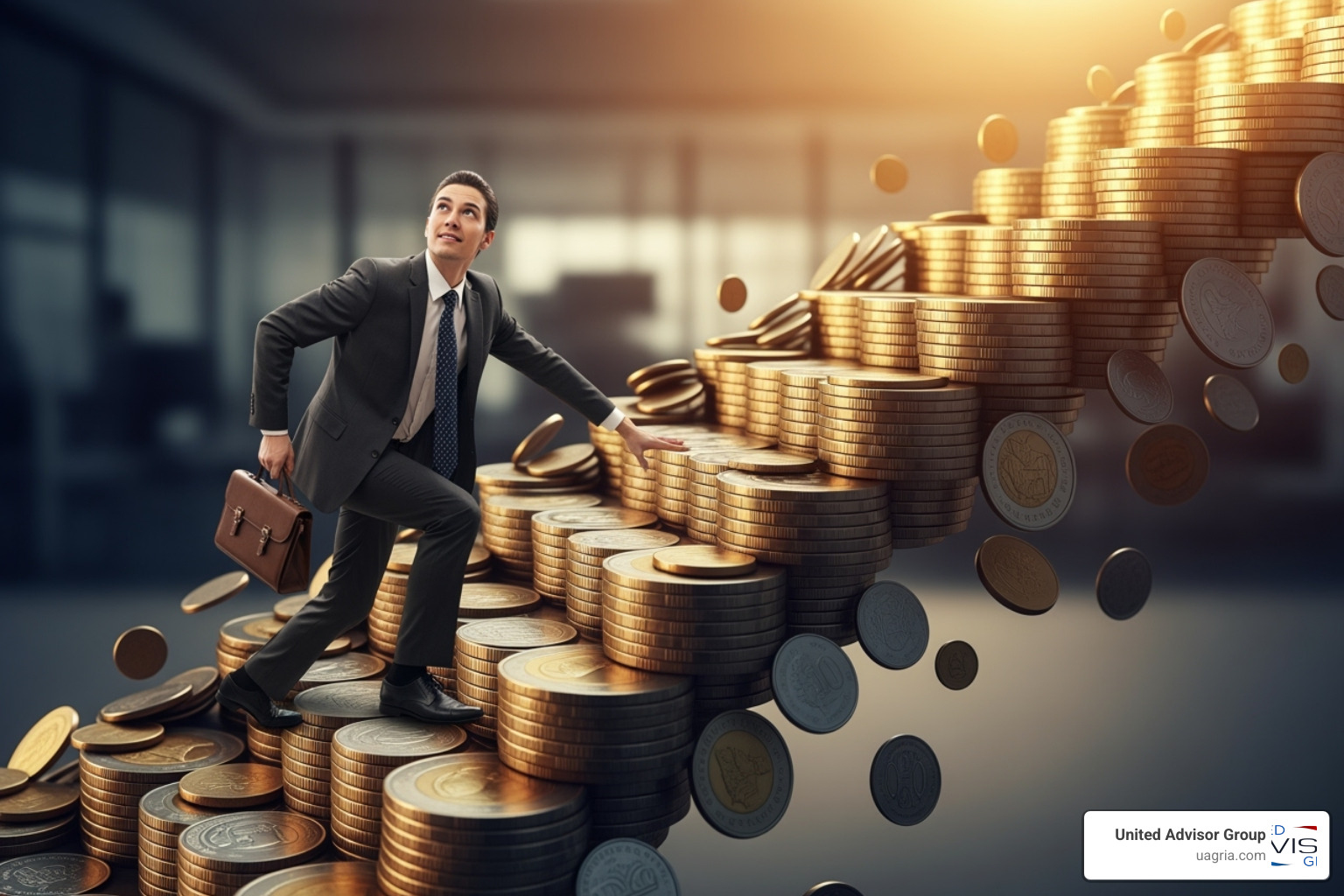 person climbing a staircase made of coins, representing catching up on savings - financial goals for retirement