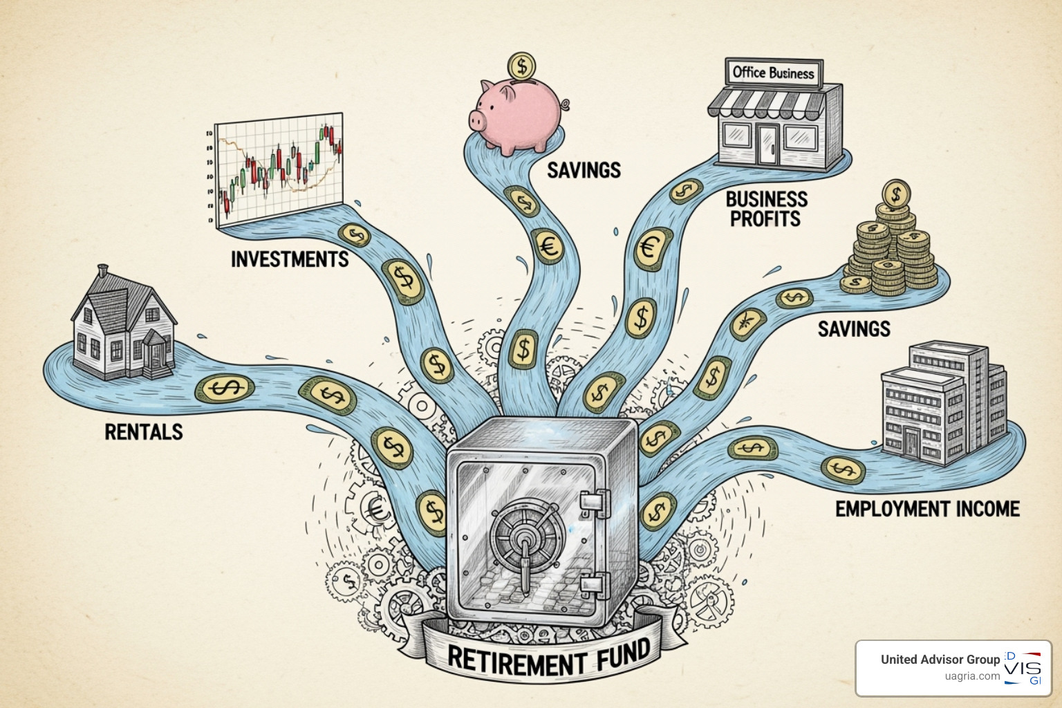 diagram showing multiple income streams flowing into a central retirement fund - financial goals for retirement