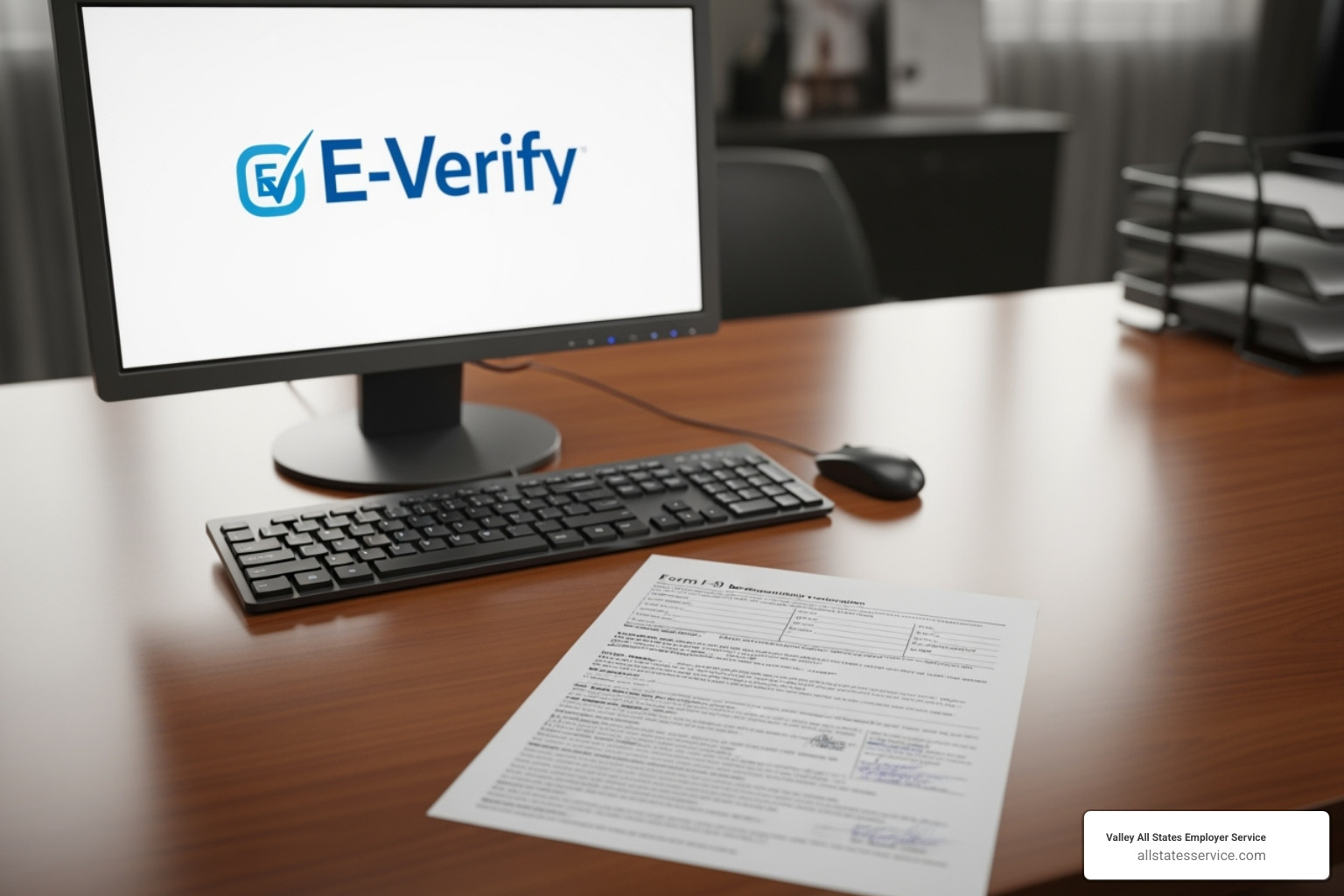 completed Form I-9 next to a computer screen showing the E-Verify logo - Employment verification Maryland