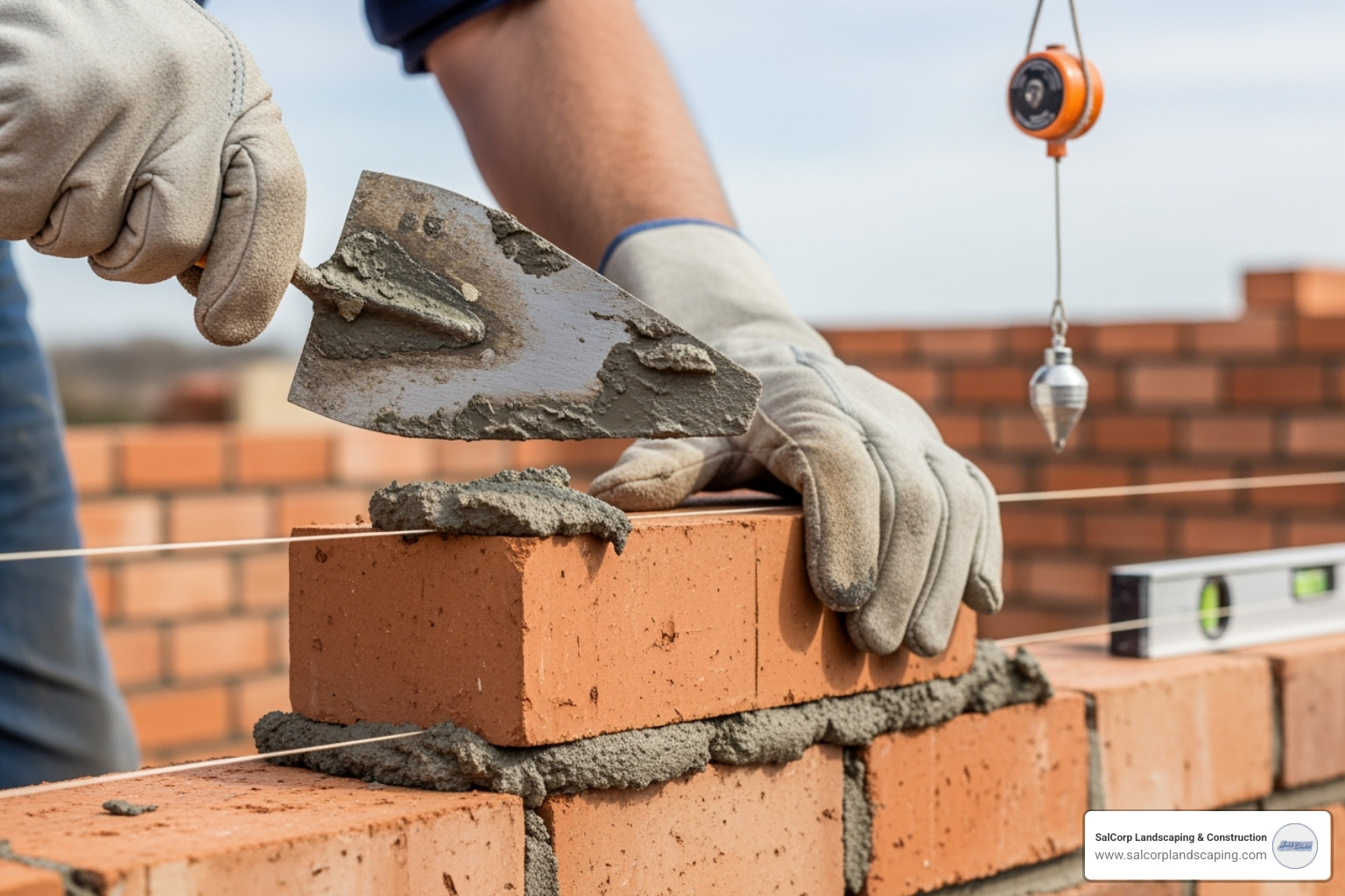 A professional mason carefully laying a brick, showing precision and tools - brick stairs cost